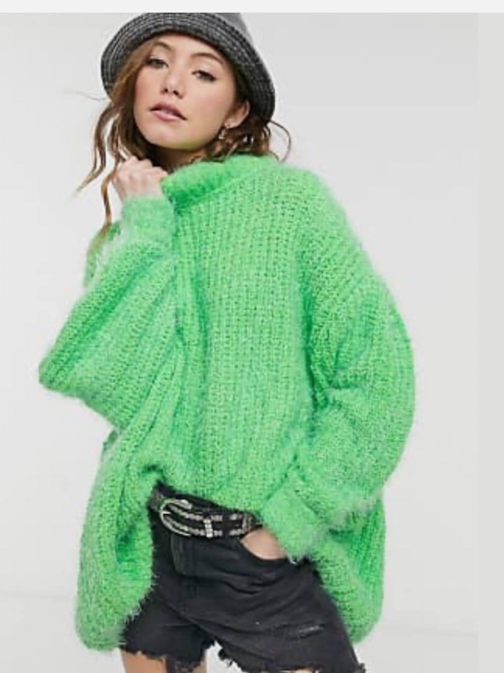 Free People Oasis Oversized Tunic Sweater Mock Neck Fuzzy Chunky Green Energy